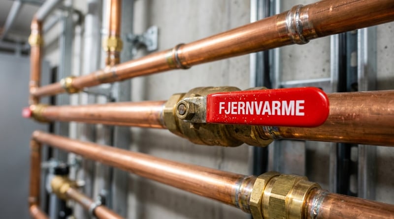 Close-up of district heating copper pipes and valves